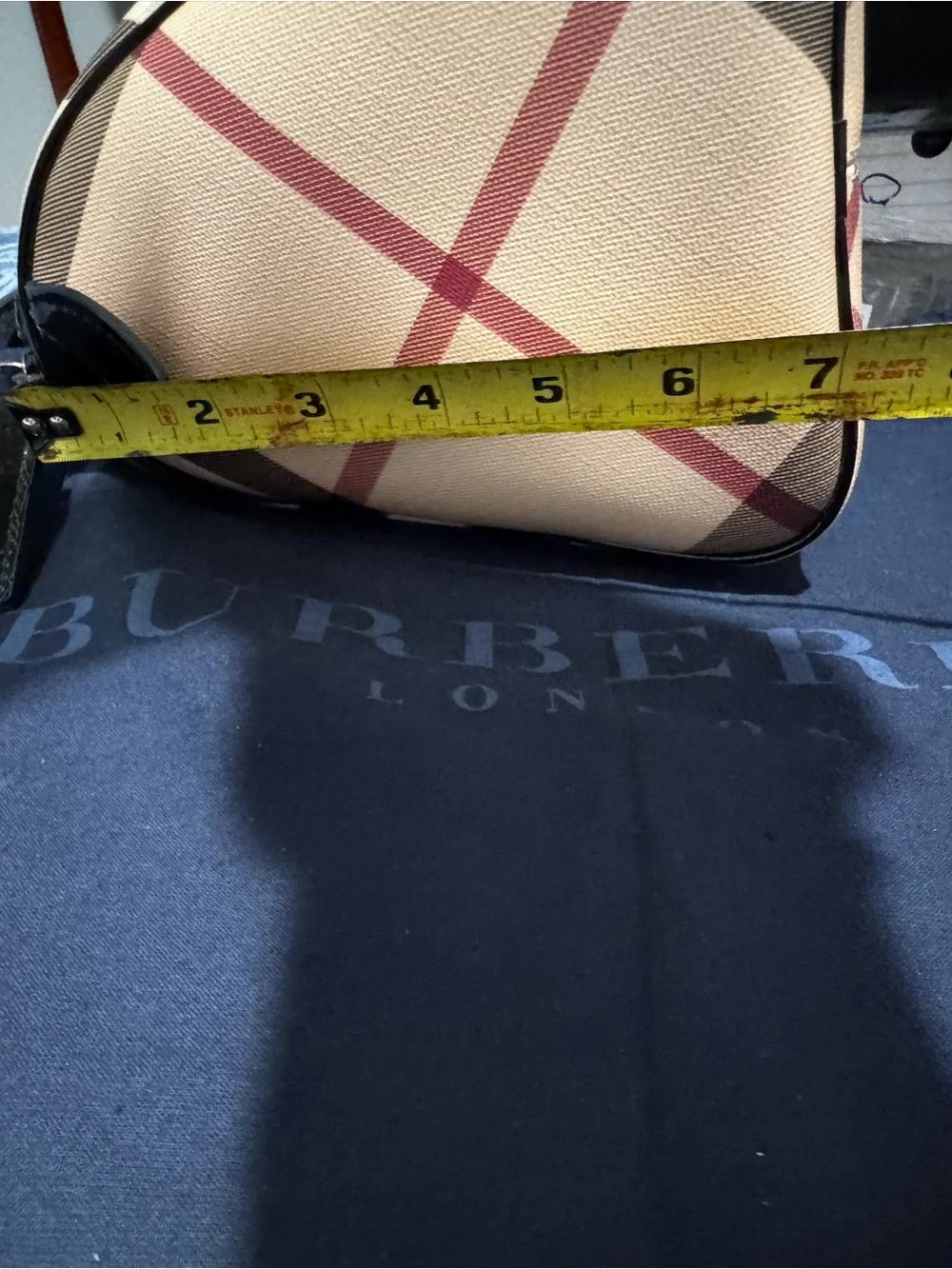 Burberry Beige Check Satchel with Black Patent Handles and Maroon Accents